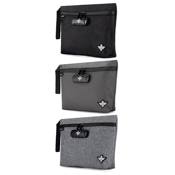 The Erozul Orion Smell Proof Bag With Combination Lock 11 by Erozul comes in black, dark gray, and light gray. Each water-resistant pouch features a wrist strap, anti-theft lock, and a triangular logo in the bottom left corner.